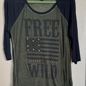 Rock & Republic Olive and Black Graphic Raglan Tee Studded